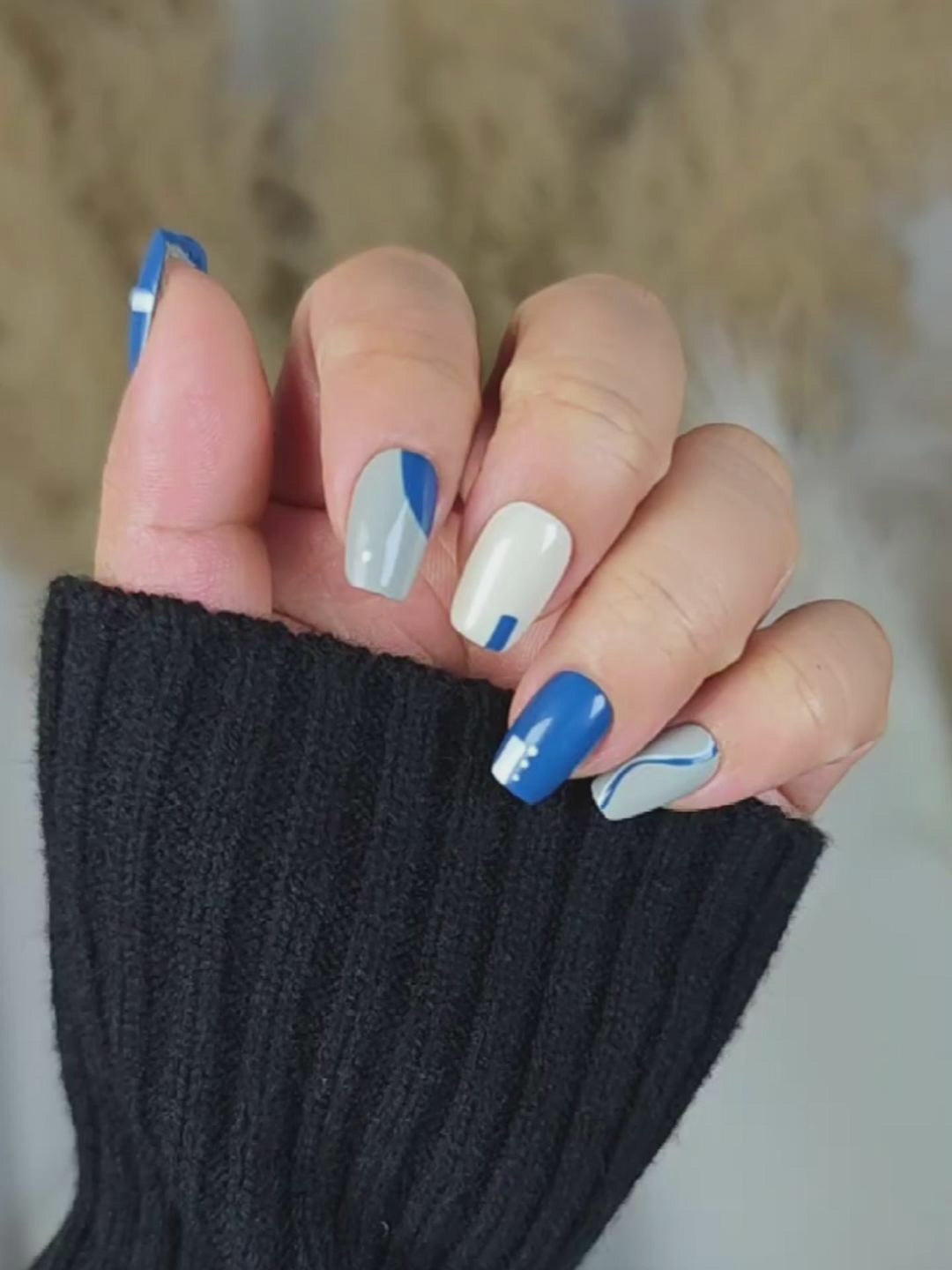 Blue Gray White Geometric Press-On Nails with Minimalist Art Design