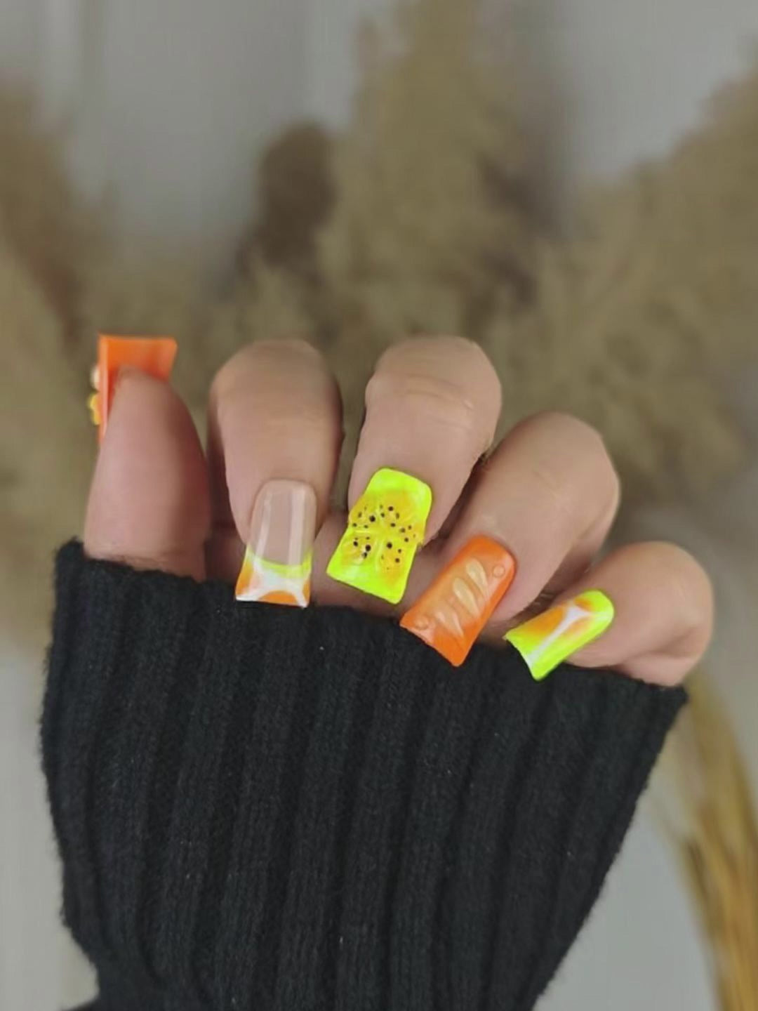 Fluorescent Orange & Yellow 3D Floral Geometric Duck Nails – Vibrant & Trendy Press On Set