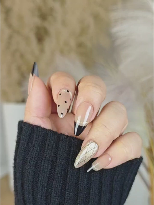 Nude Almond Nails with Graphic Black French Tips and Dotted Mesh Artwork