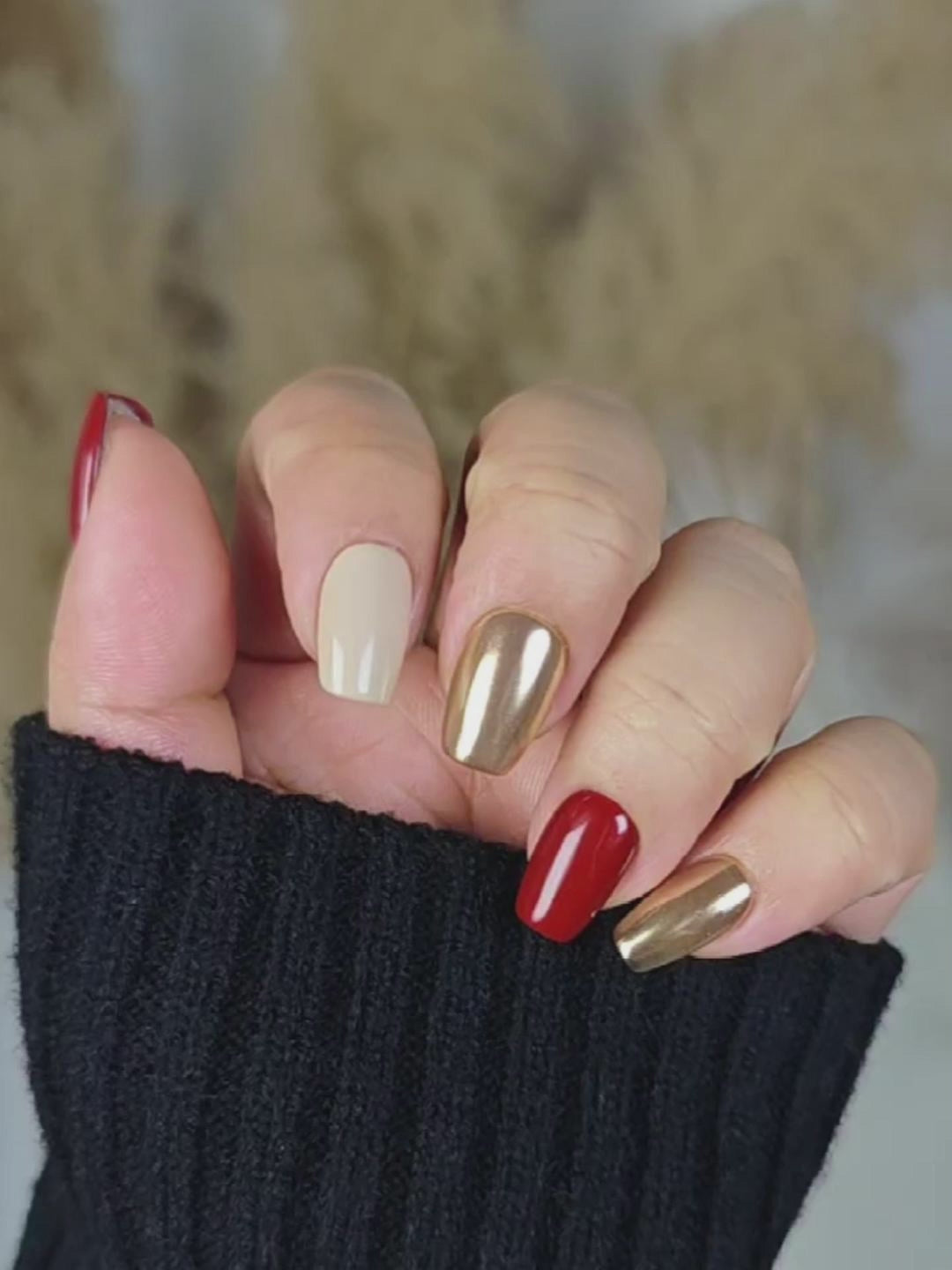 Gold Red Ivory Color-Block Luxury Trapezoid Press-On Nails