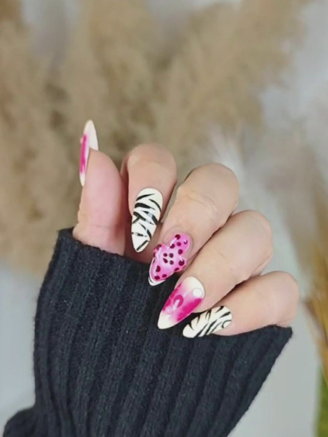 Pink & White Zebra 3D Flower Almond Press-On Nails – Artistic & Luxe
