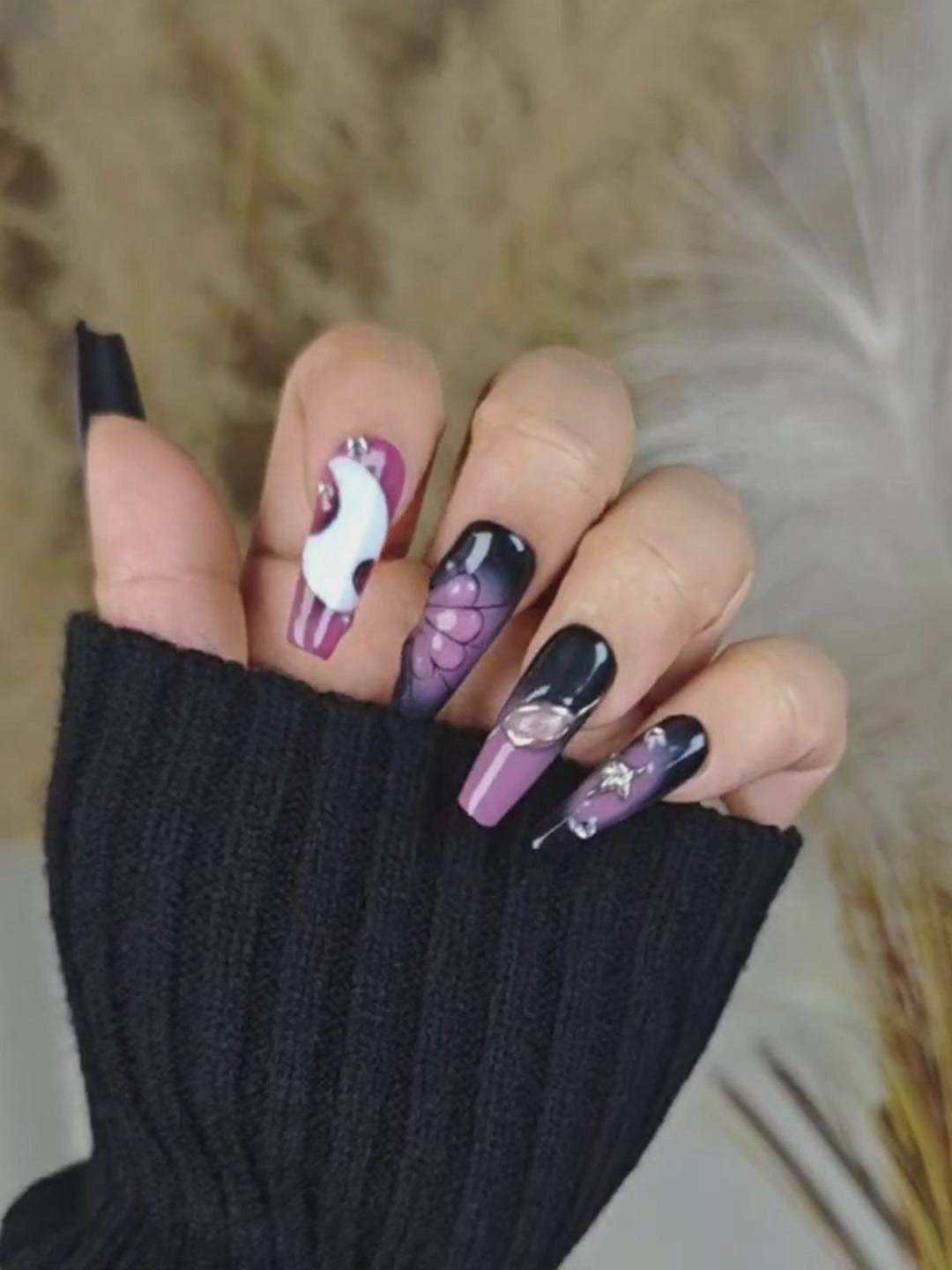 Purple & Black Gradient Press-On Nails with Metal Star Gems – Long Stiletto Art Style