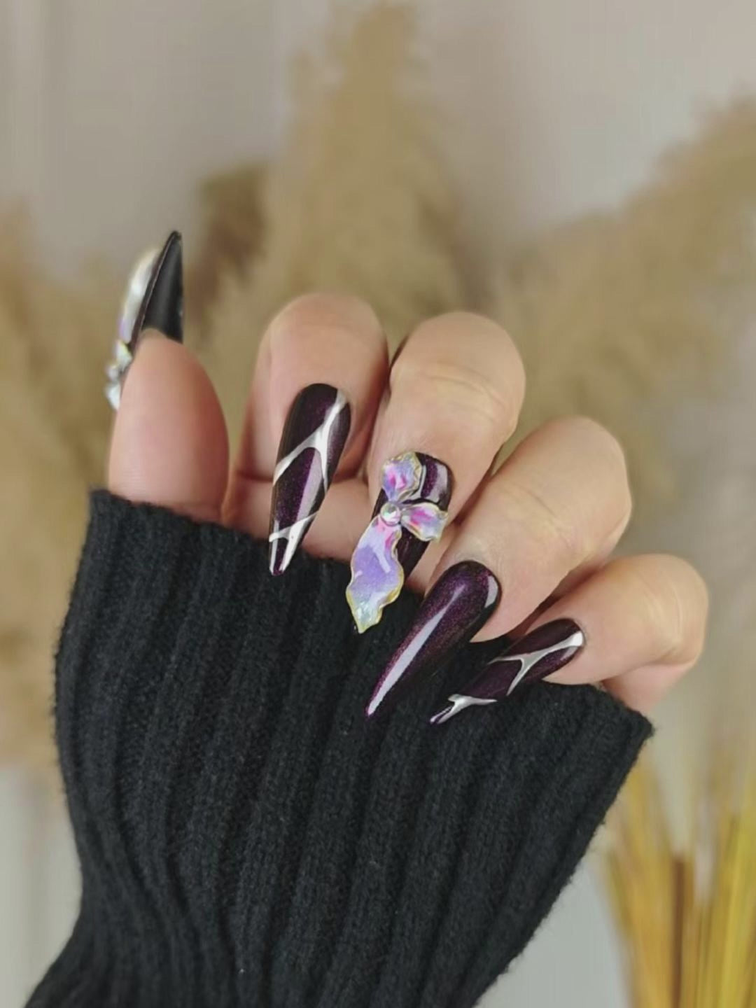 Dark Fantasy Purple Stiletto Press-On Nails with 3D Floral Accents