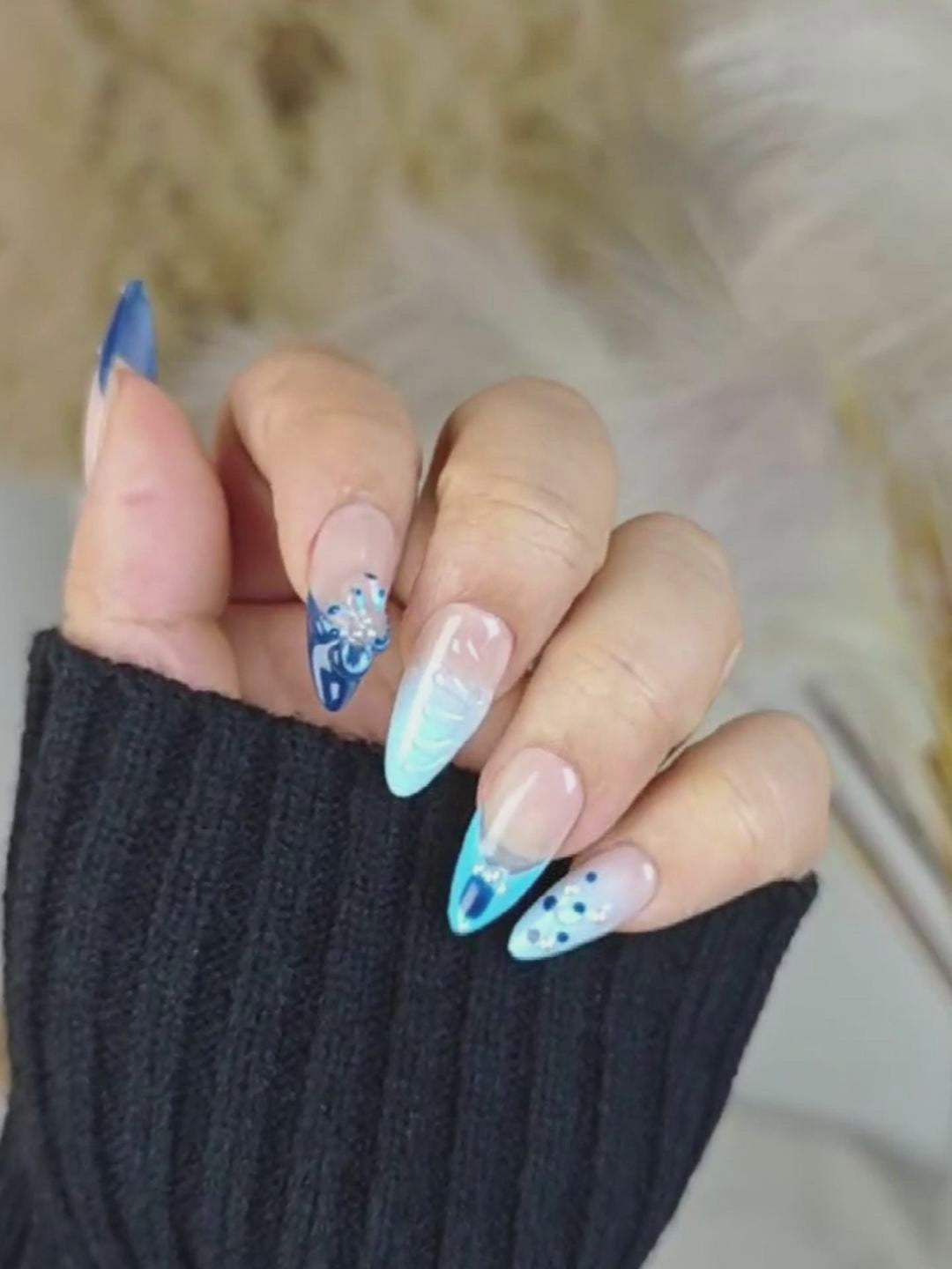 Blue & White Gradient Press-On Nails – 3D Flower & Pearl Almond Shape