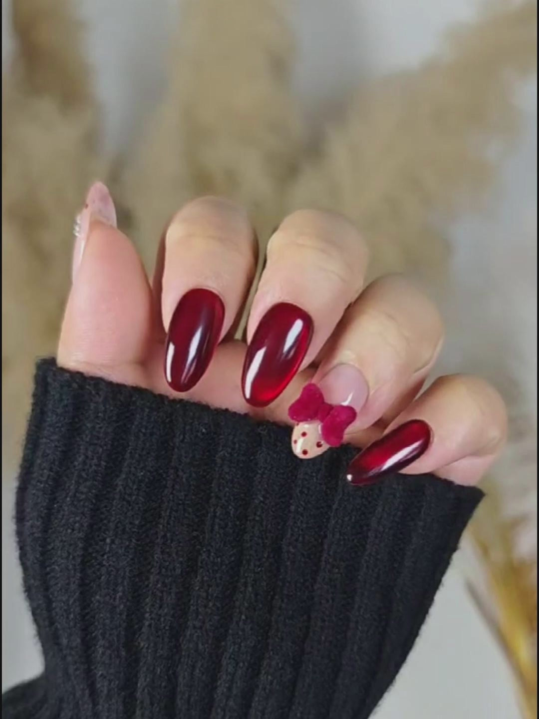Wine Red Velvet Bow Heart Press-On Nails – Sweet Girl Medium Round