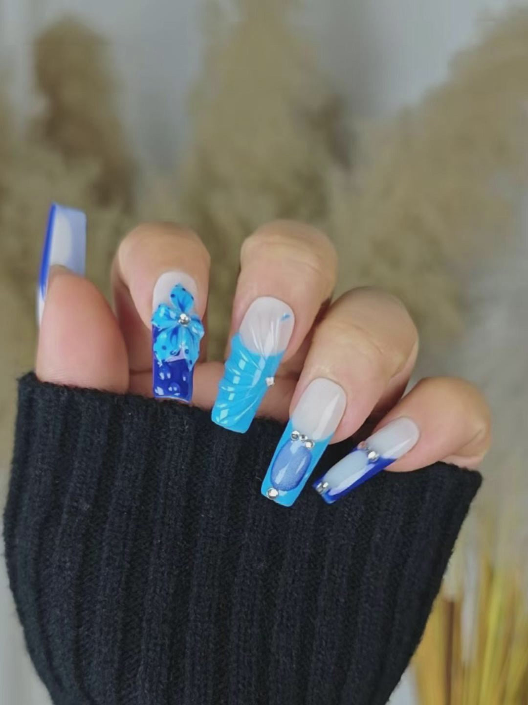 Blue & White 3D Floral Press-On Nails – Long Square, Rhinestone Accents