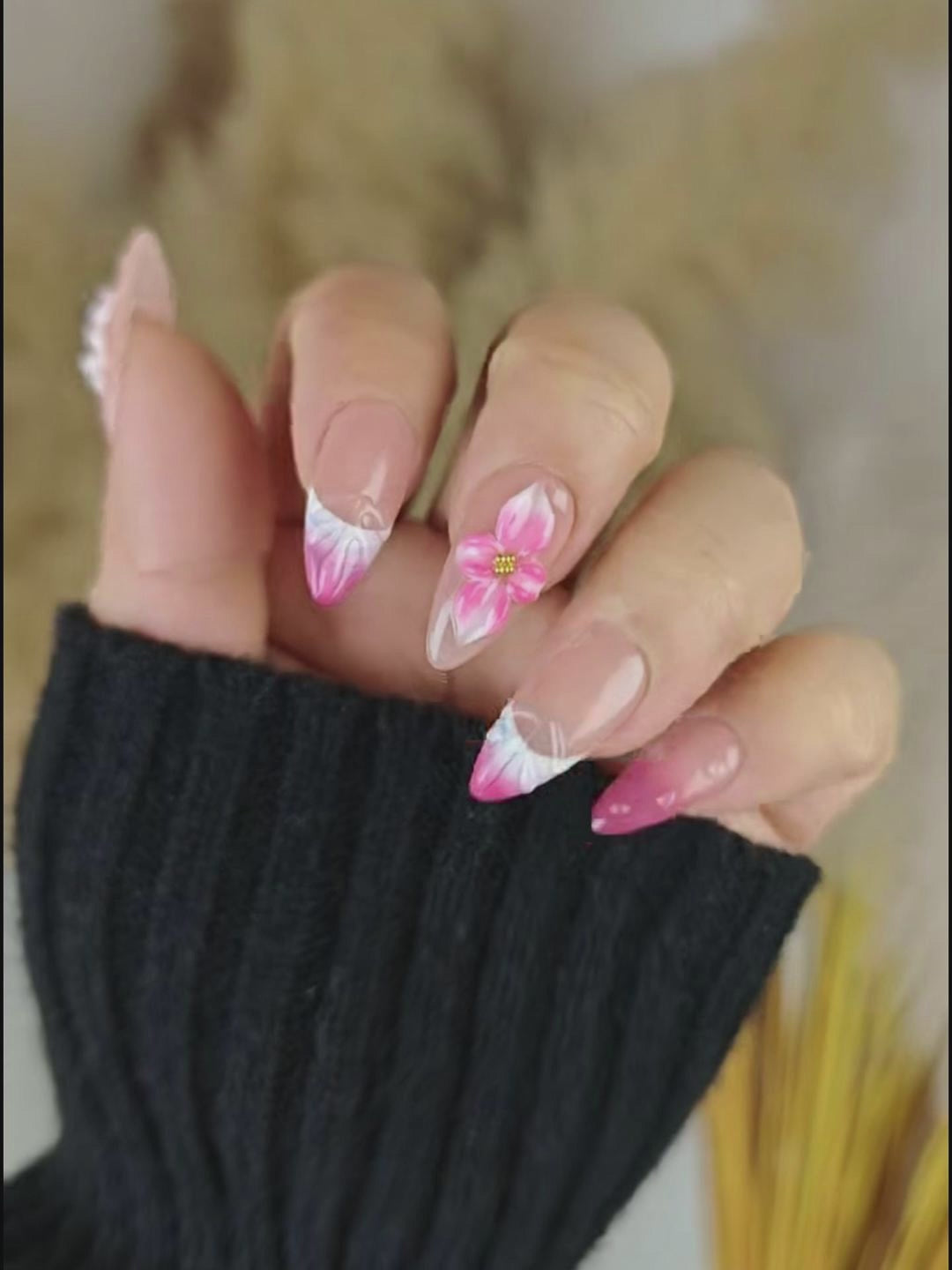 Nude Pink Gradient Almond Press-On Nails – 3D Floral & Pearls