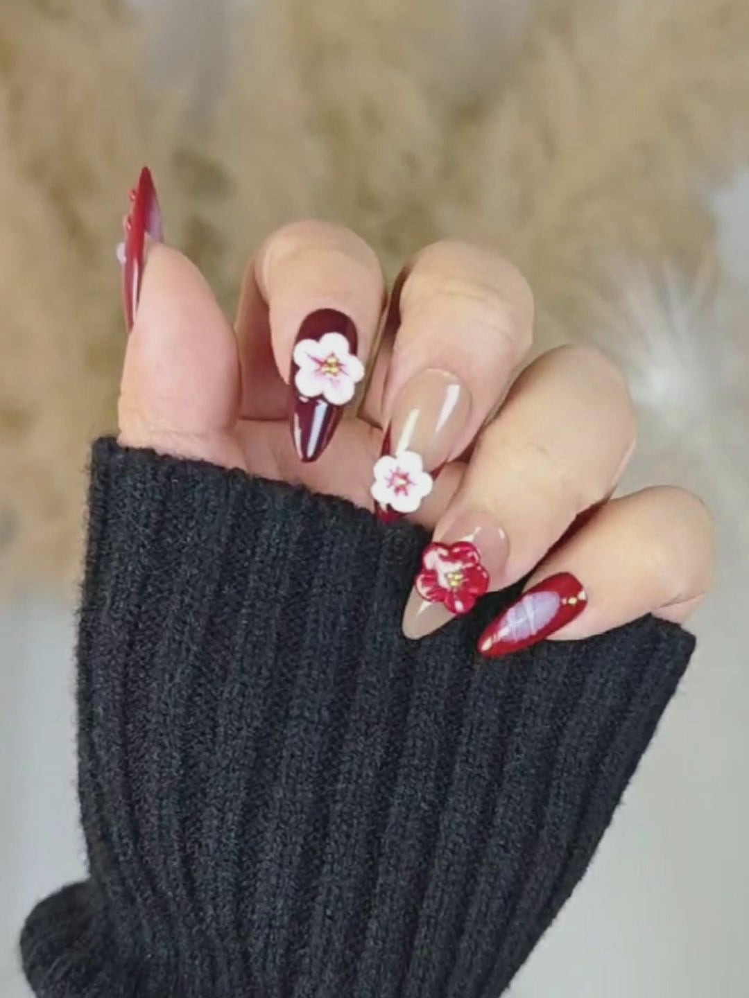 Brown Gradient 3D Floral Press-On Nails – Almond Shape with Gold Accents