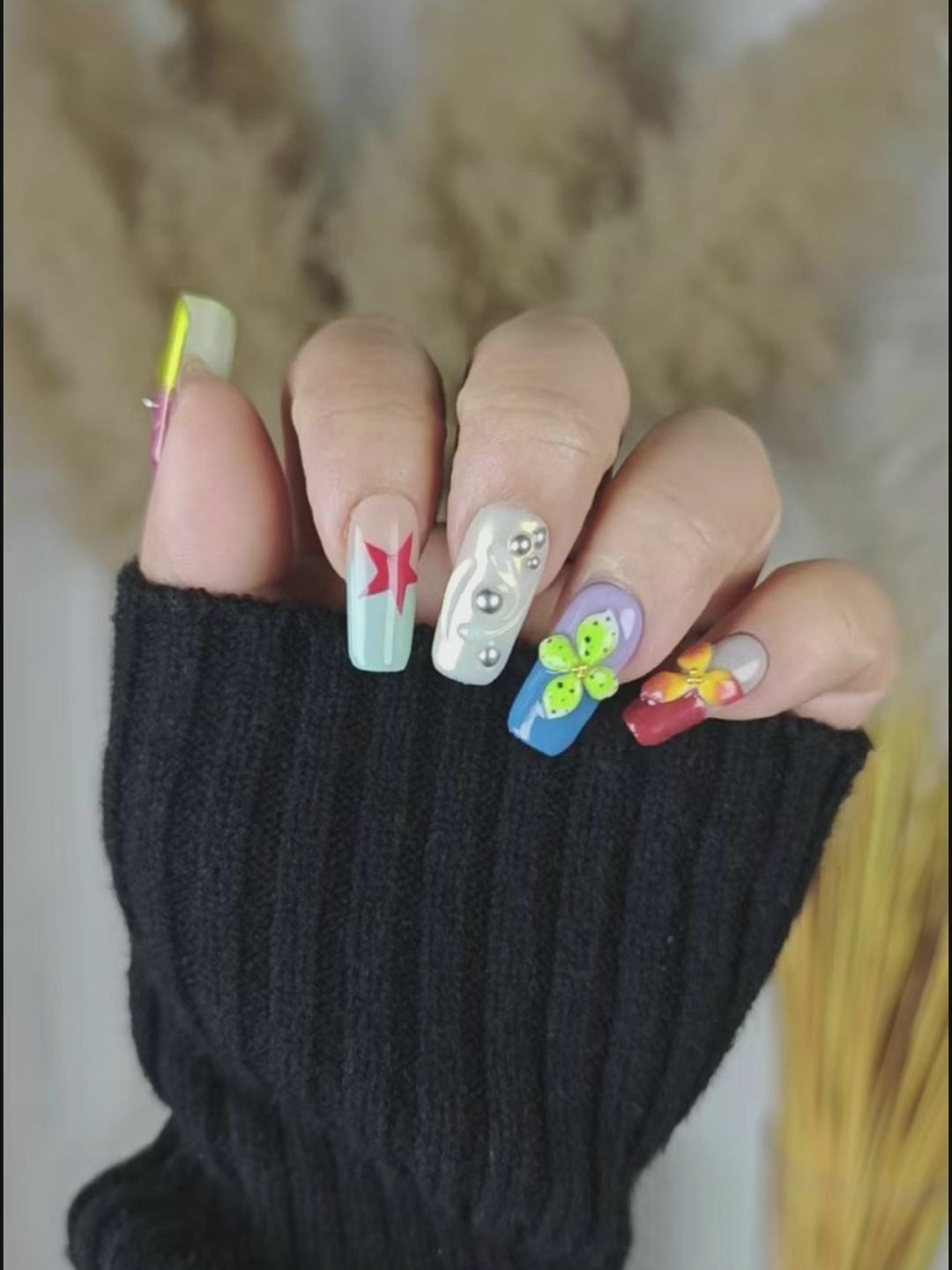Color Block Star & 3D Floral Press-On Nails – Artistic Long Square