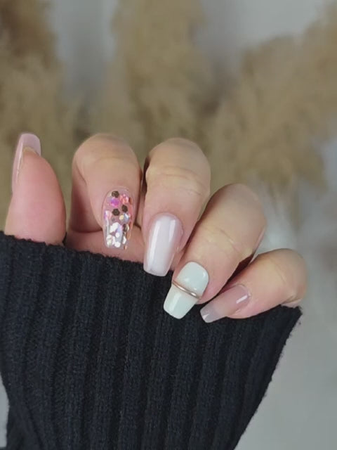 Glazed Nude & Ivory Press On Nails – Hex Glitter & Gold Ring Accen