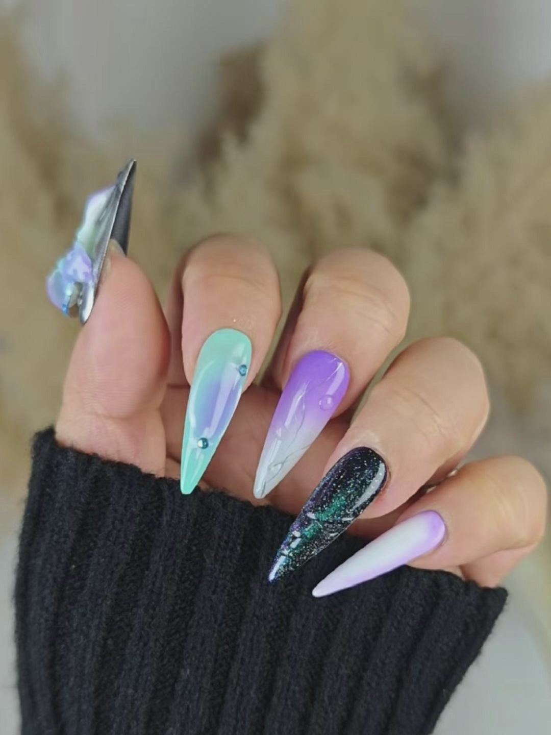 Cyber Forest Gradient Stiletto Press-On Nails – Blue Green & Purple White