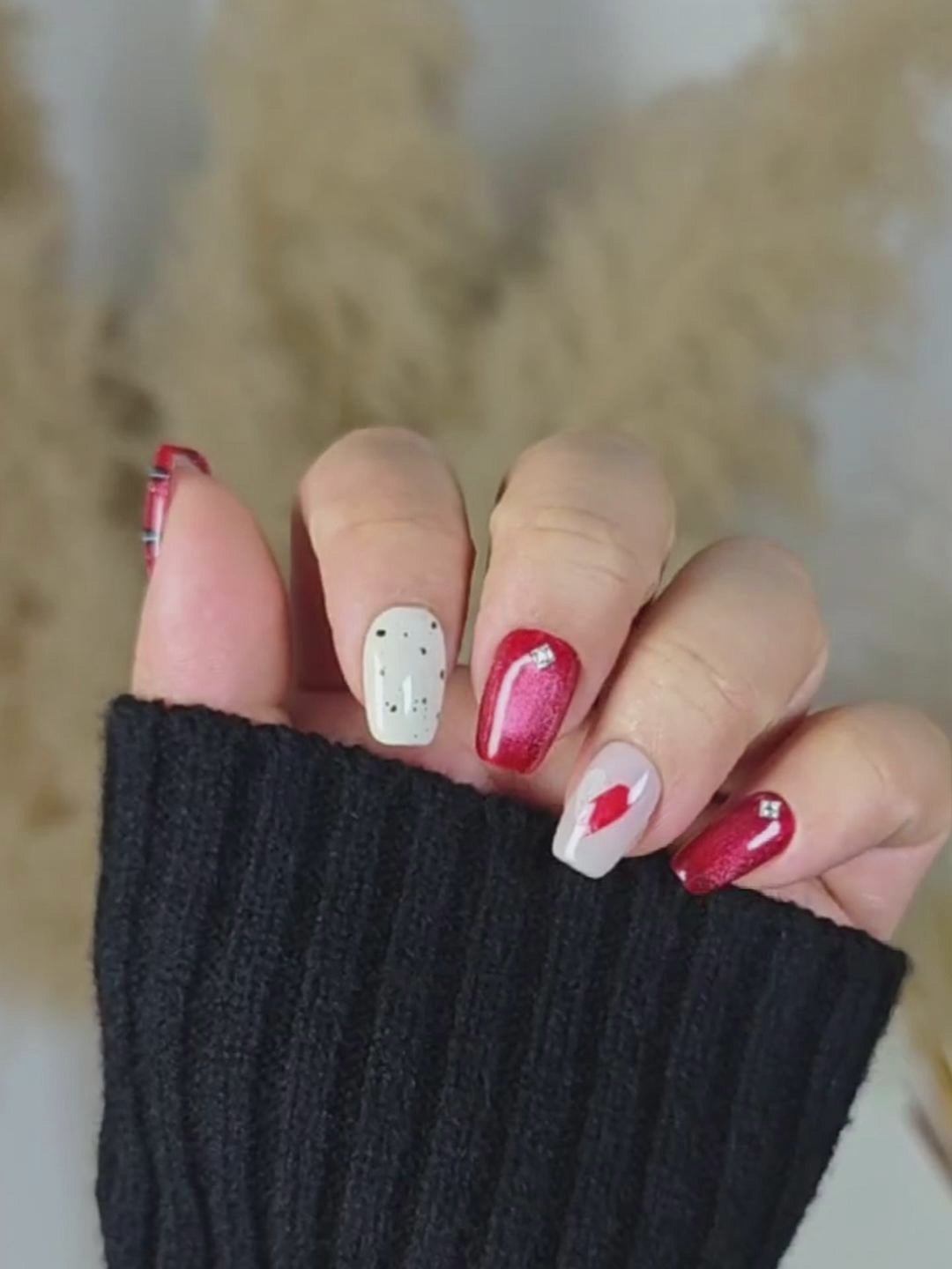 Red White Plaid Heart Art Press-On Nails with Rhinestone Accents