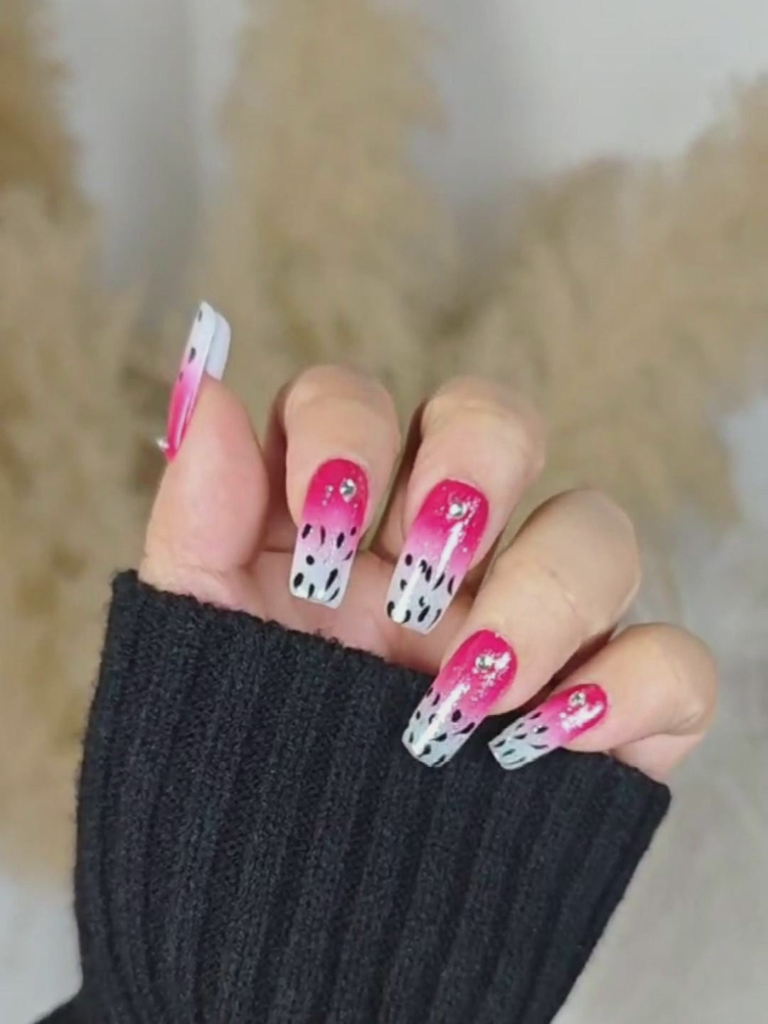 Red & Pink Gradient Glitter Rhinestone Press-On Nails – Long Square