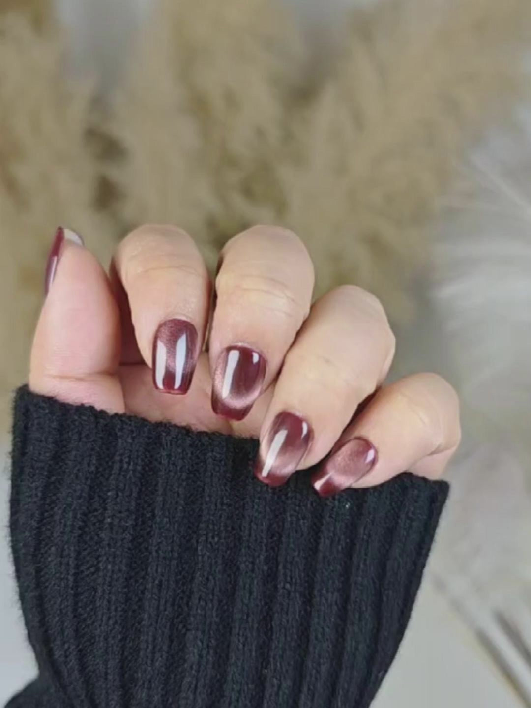 Burgundy & Gold Gradient Cat Eye Press-On Nails – Vintage Luxury