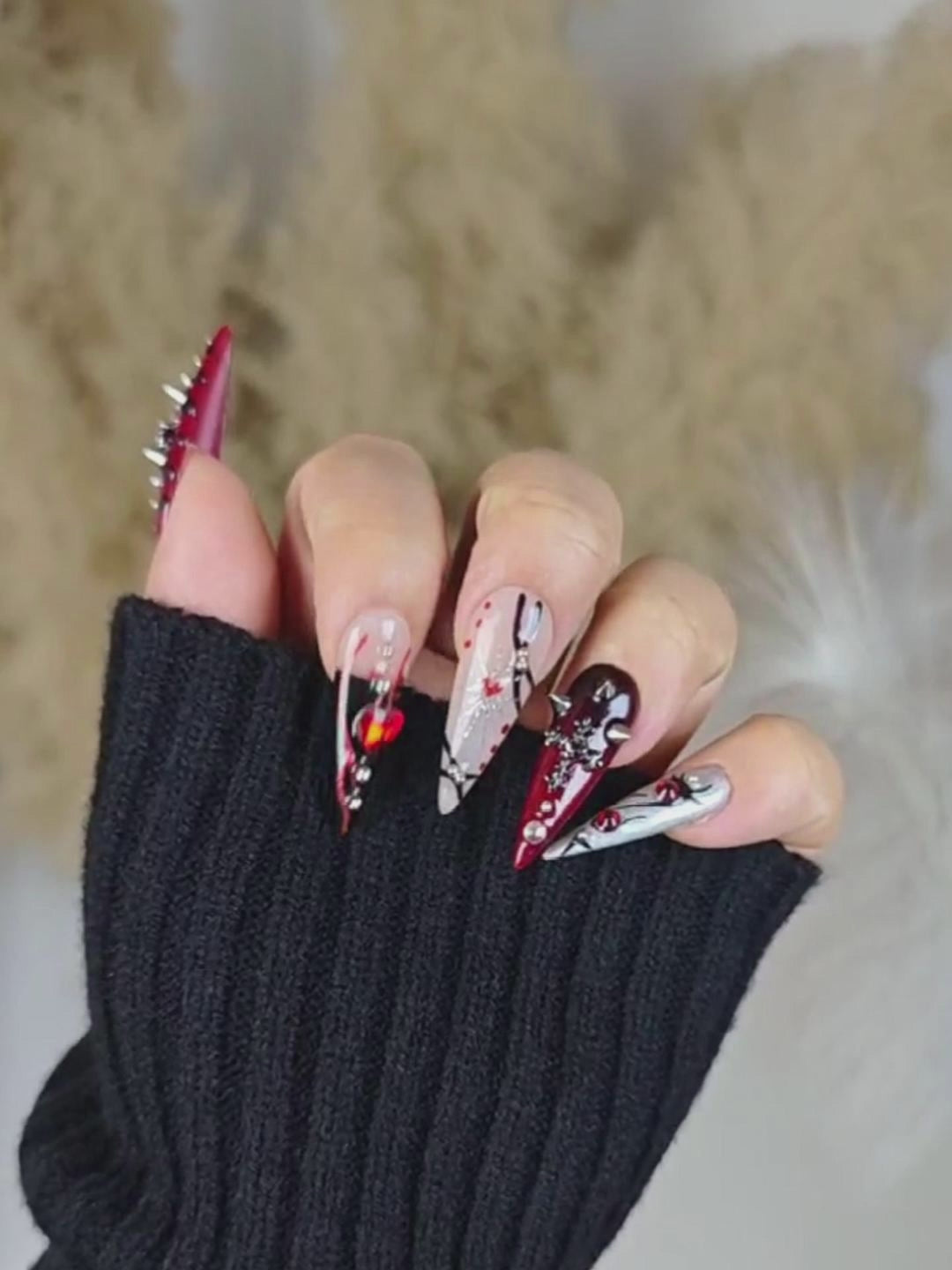 Black Red Punk Gothic Stiletto Nails with Metal Cross & Skull Charms