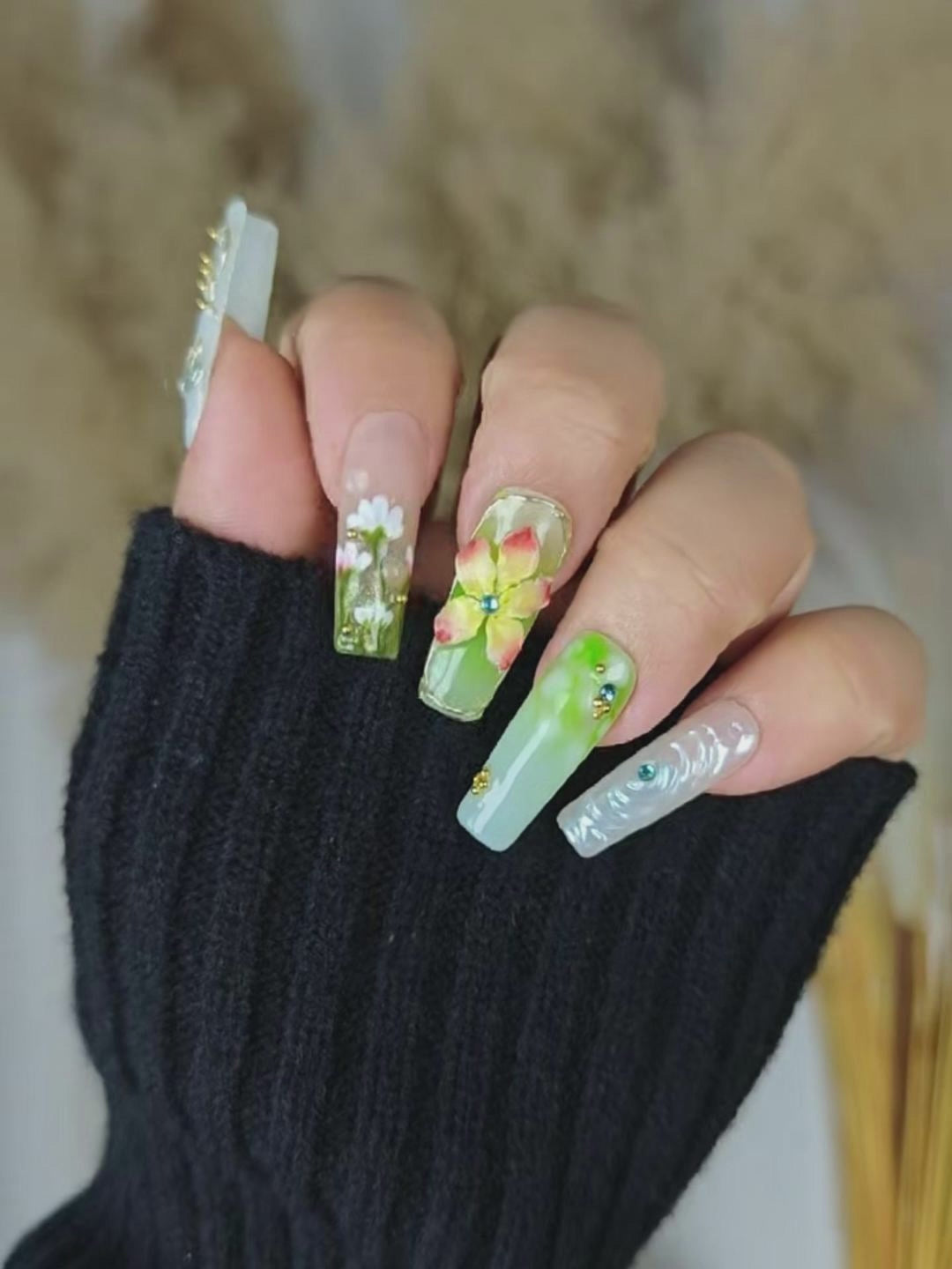 Spring Green Floral Press-On Nails – 3D Dragonfly Gold Accents Long Square