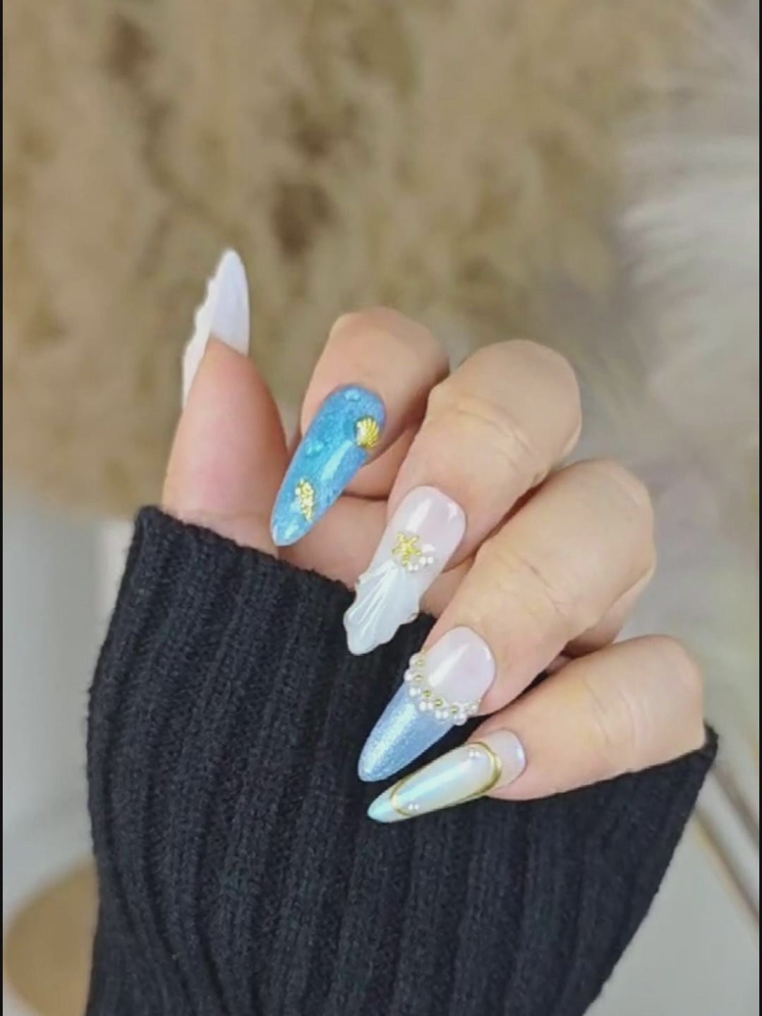 Blue & White Ocean-Inspired Almond Press-On Nails with 3D Pearls & Starfish Accents