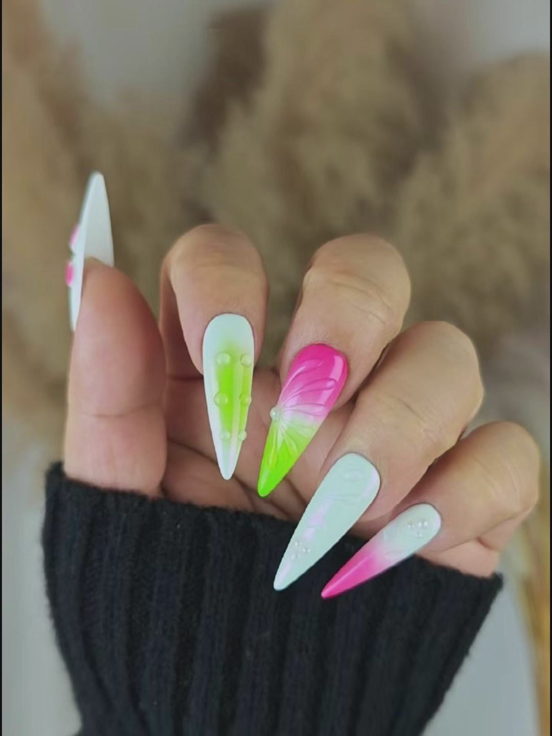Fresh Garden 3D Stiletto Press-On Nails in White, Pink & Light Green