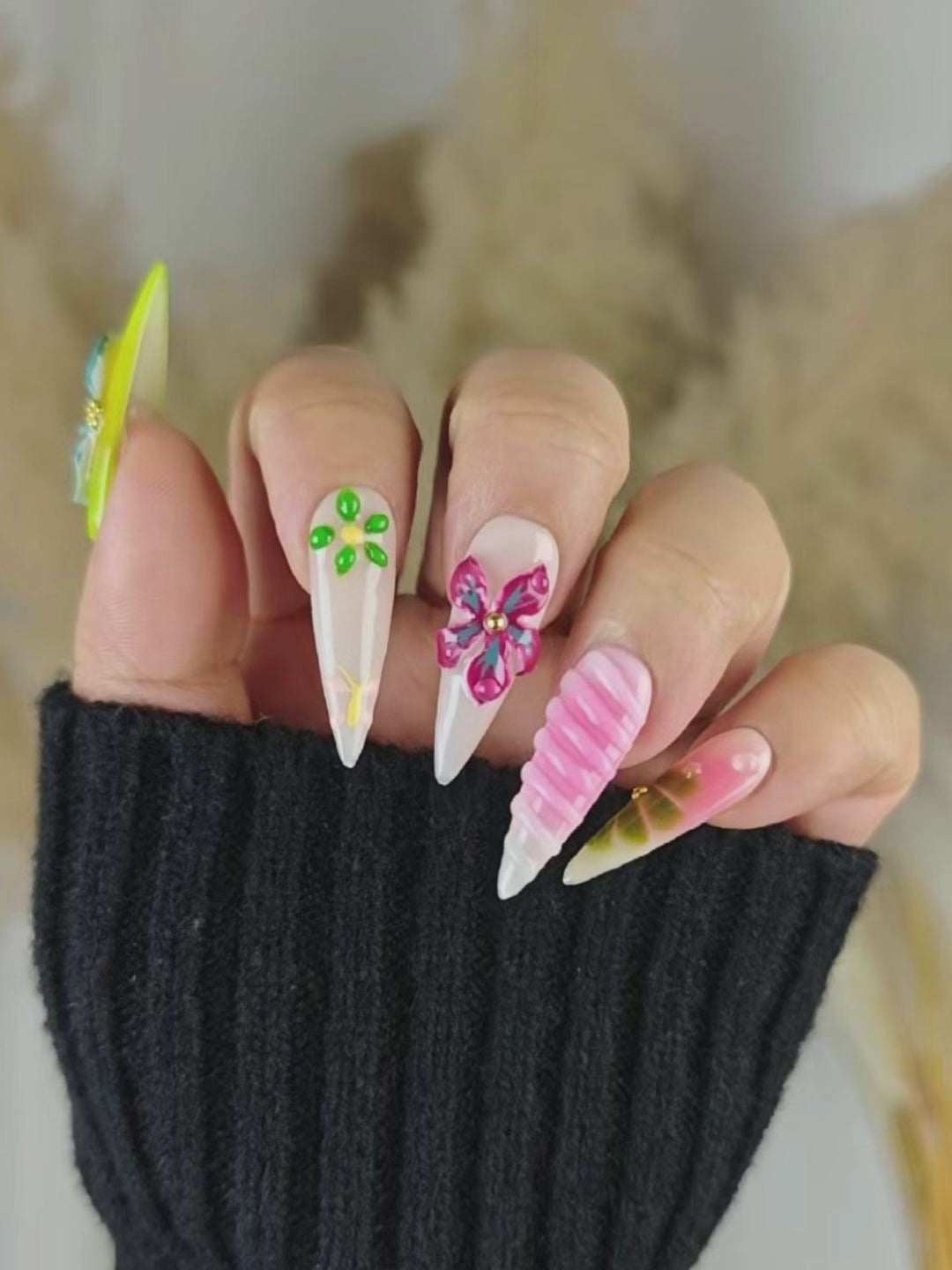 Boho Garden 3D Stiletto Press-On Nails in Soft Green & Nude Pink