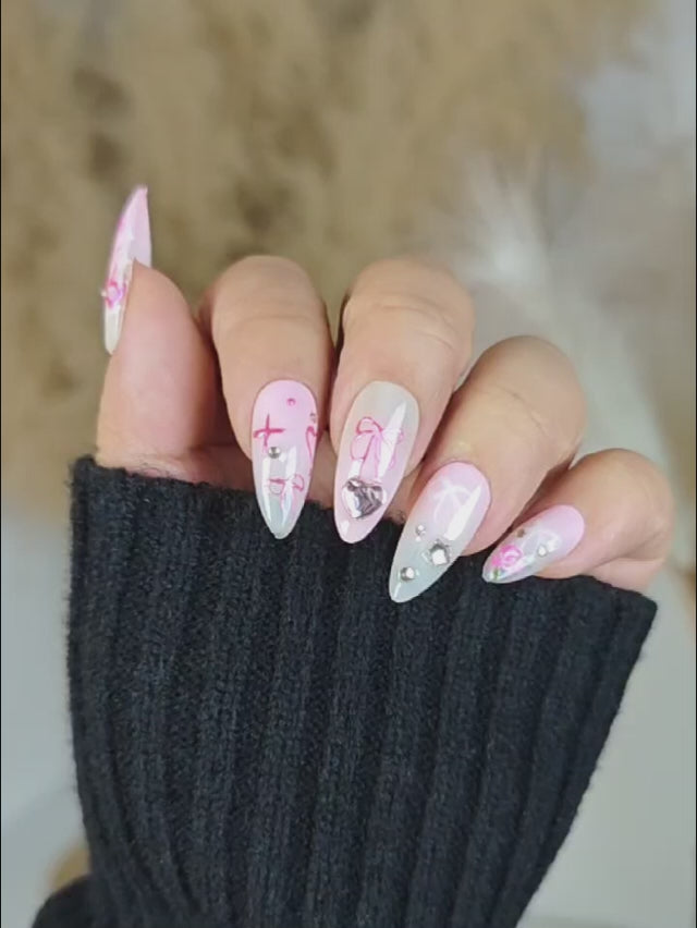 Pink Romance Almond Nails with Hand-Painted Floral & Heart Details – Press On Nails