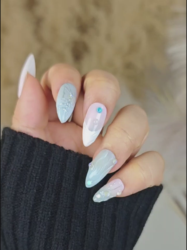 Whimsical Butterfly Almond Nails with Light Pink and Blue Pastels – Press On Nails for Spring Vibes
