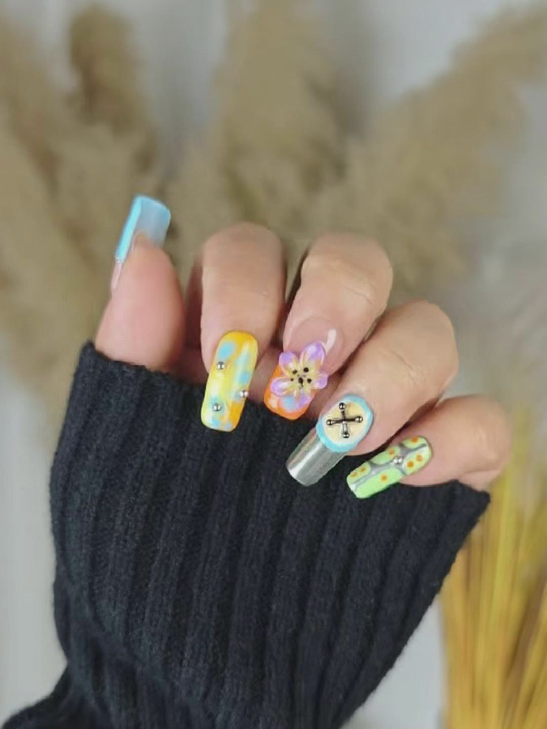 Color Block Metal & 3D Floral Press-On Nails – Sweet Cool Long Square