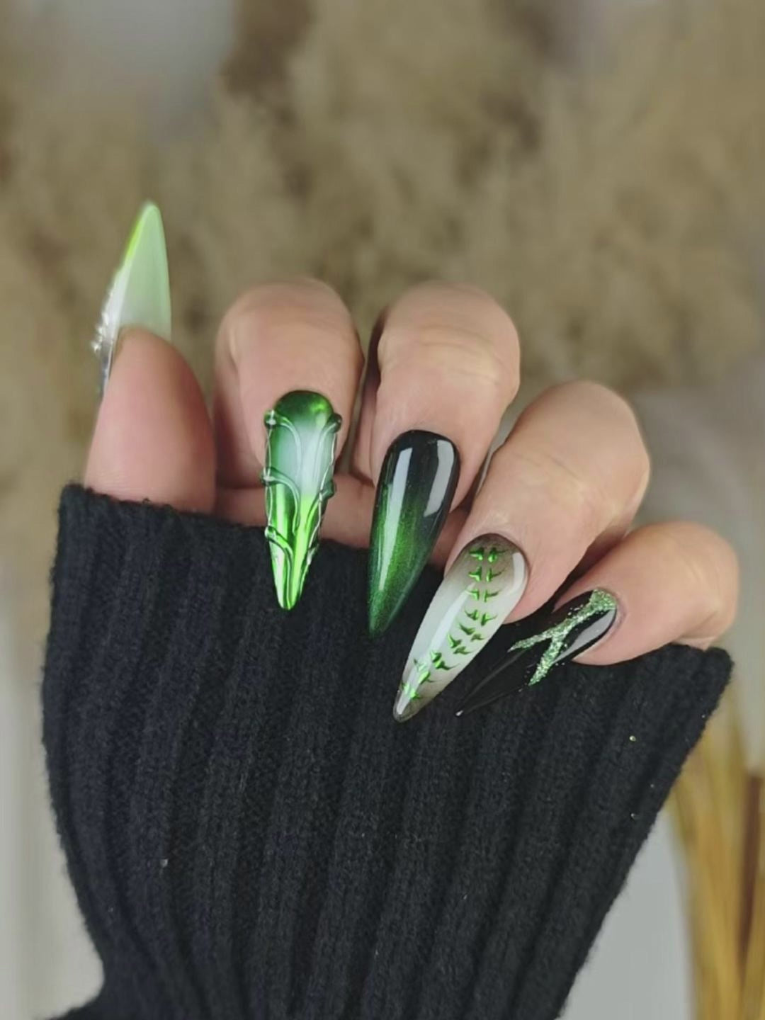 Dark Gothic Forest Stiletto Press-On Nails – Black & Green Gradient