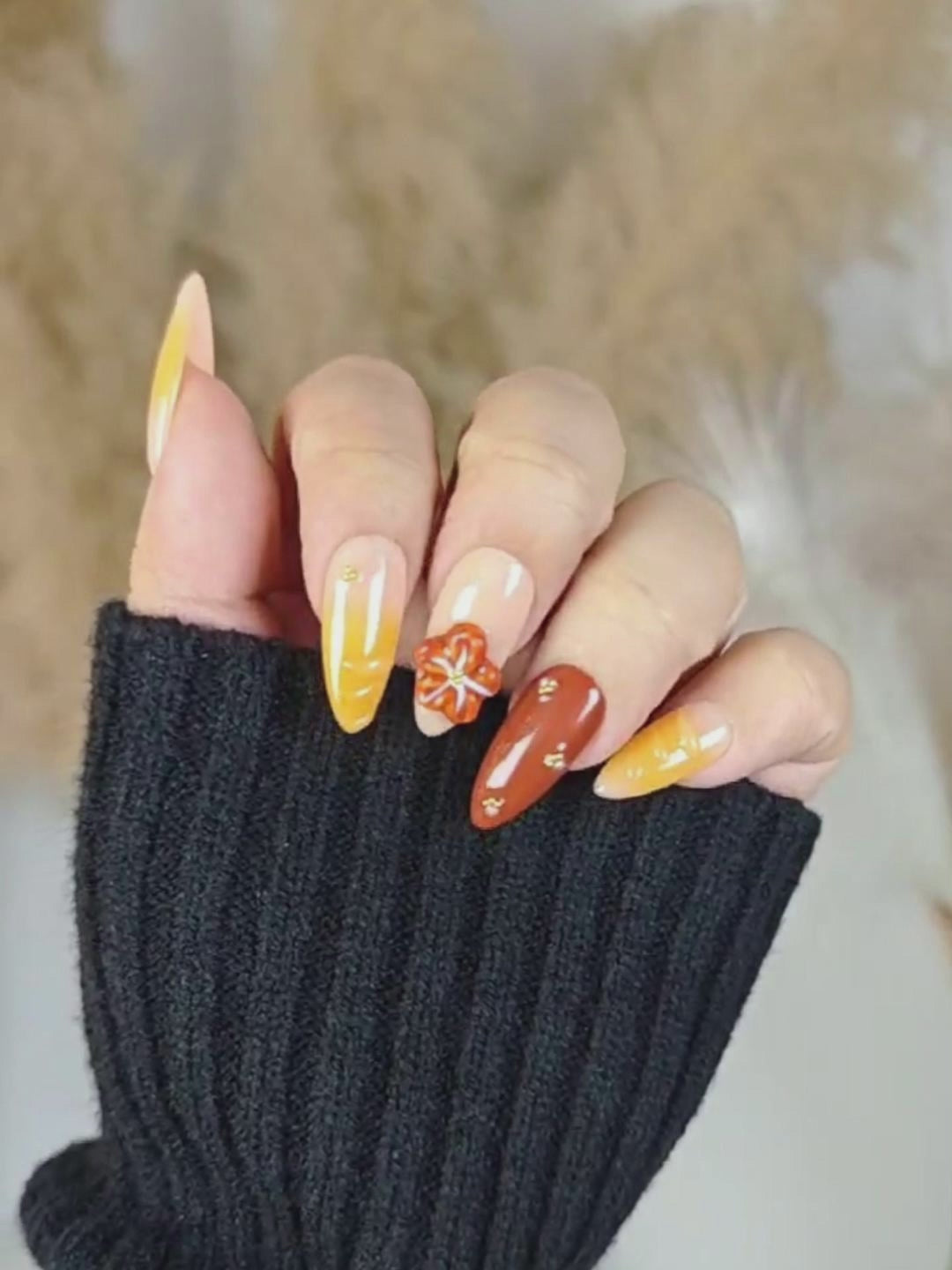 Brown & Yellow Gradient Press-On Nails – 3D Floral Gold Almond Nails