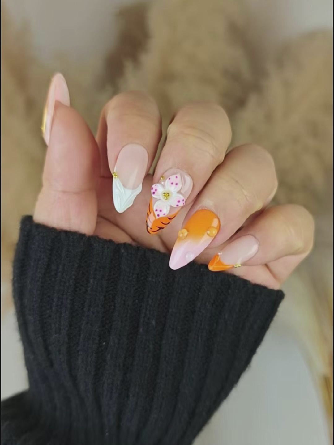 Orange Pink Tiger Print Press-On Nails – 3D Floral Trendy Art Design
