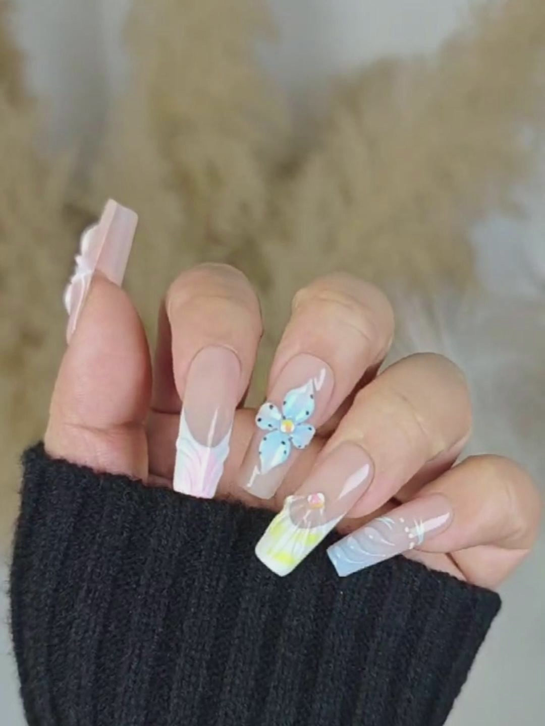 Nude Macaron Color Block Press-On Nails – 3D Floral & Rhinestone Luxury Long Square
