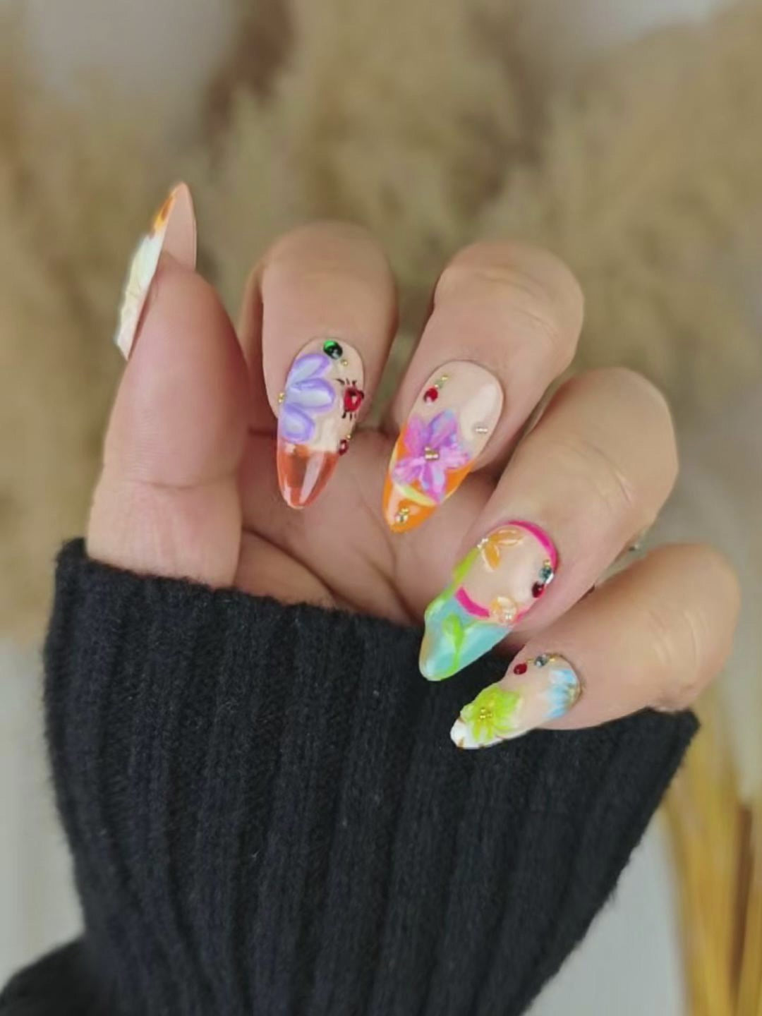 Colorful 3D Flower & Insect Almond Press-On Nails – Butterfly & Ladybug