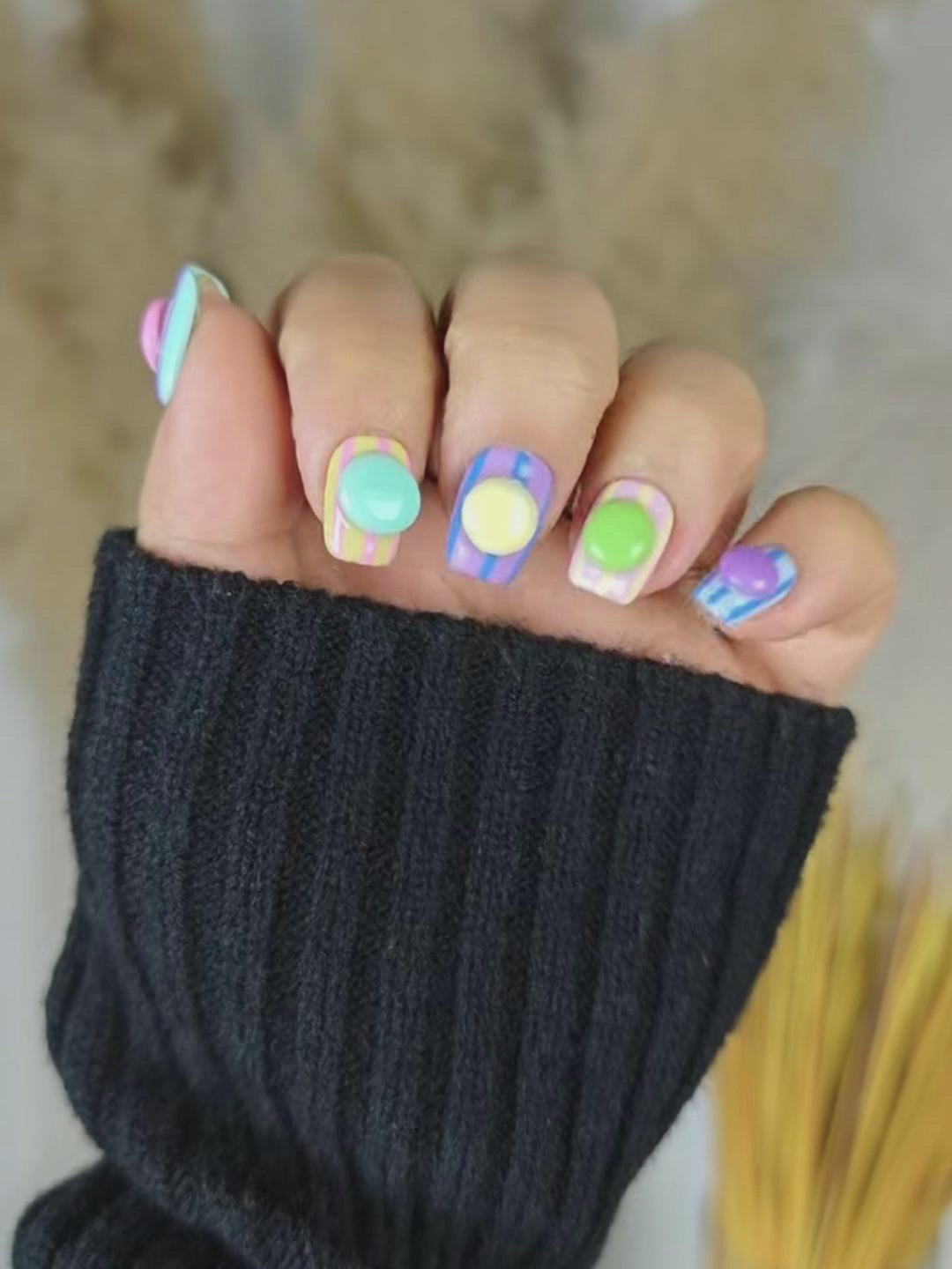 Macaron Color-Block Striped Press-On Nails with 3D Beads