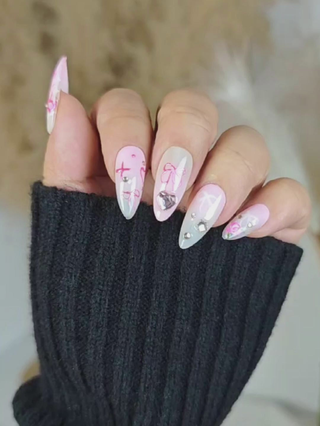 Pink & White Gradient Press-On Nails – 3D Floral & Rhinestone Almond Nails