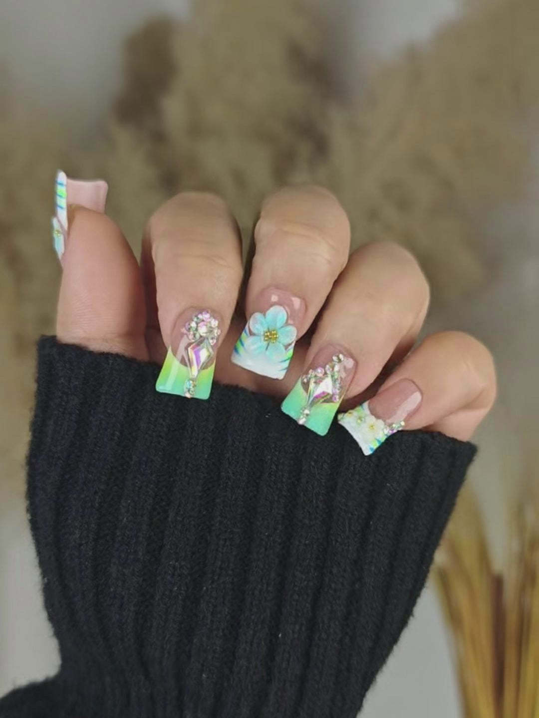Nude Pink & Ice Blue 3D Floral Press On Nails with Rhinestones – Ubeety Luxe Collection