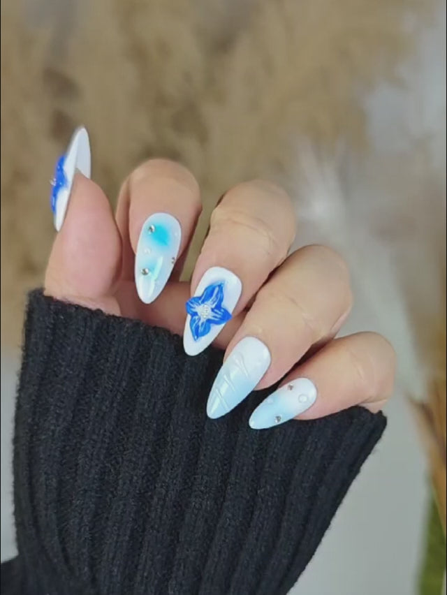 White & Navy Almond Press On Nails with 3D Floral Carving Ocean Breeze Aesthetic
