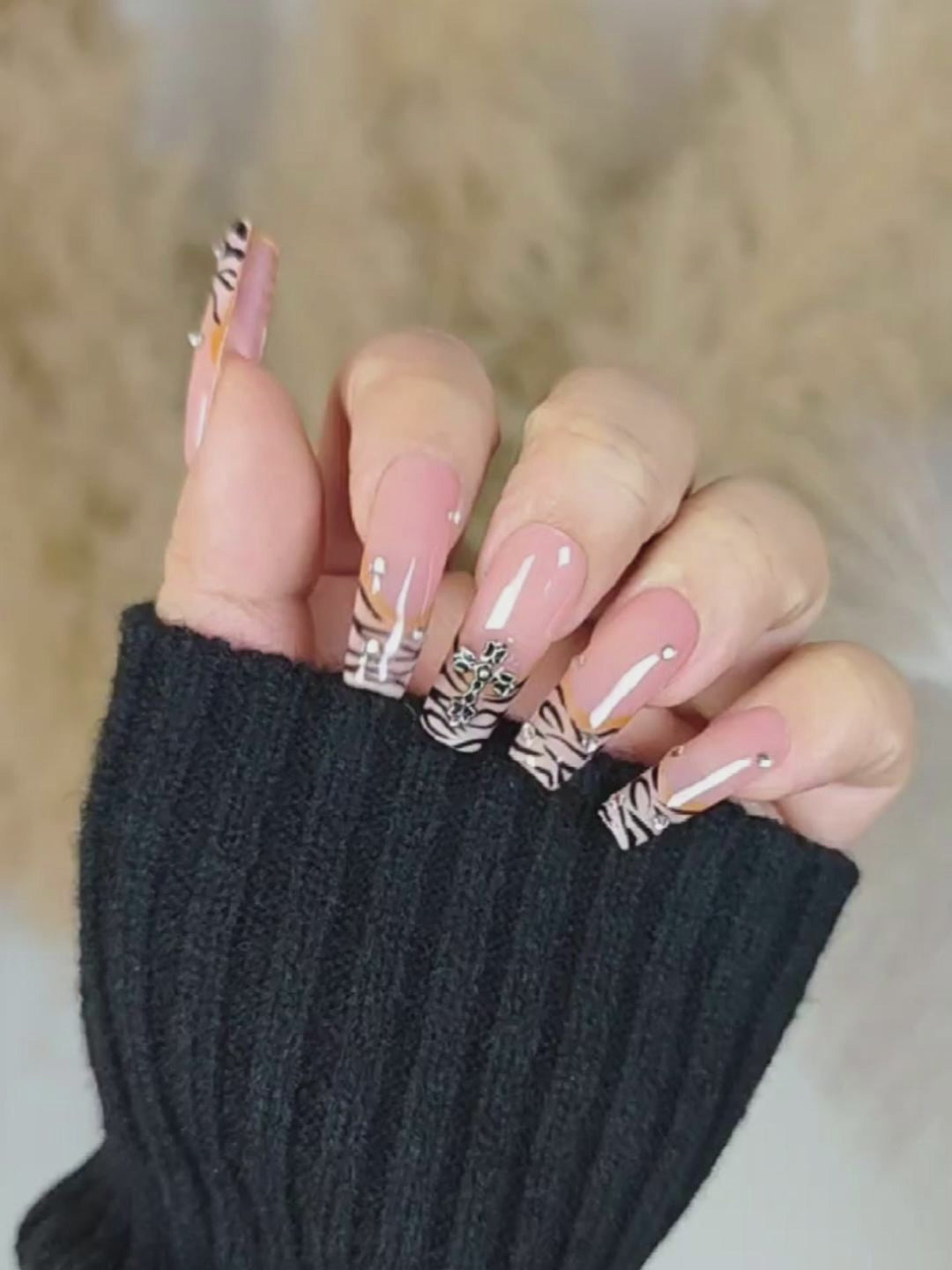 Brown Tiger Print Press-On Nails – Metal Cross Rhinestone Long Square Tips