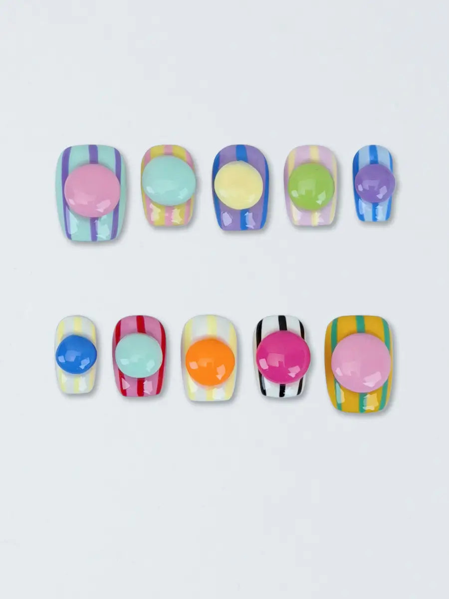 Macaron Color-Block Striped Press-On Nails with 3D Beads