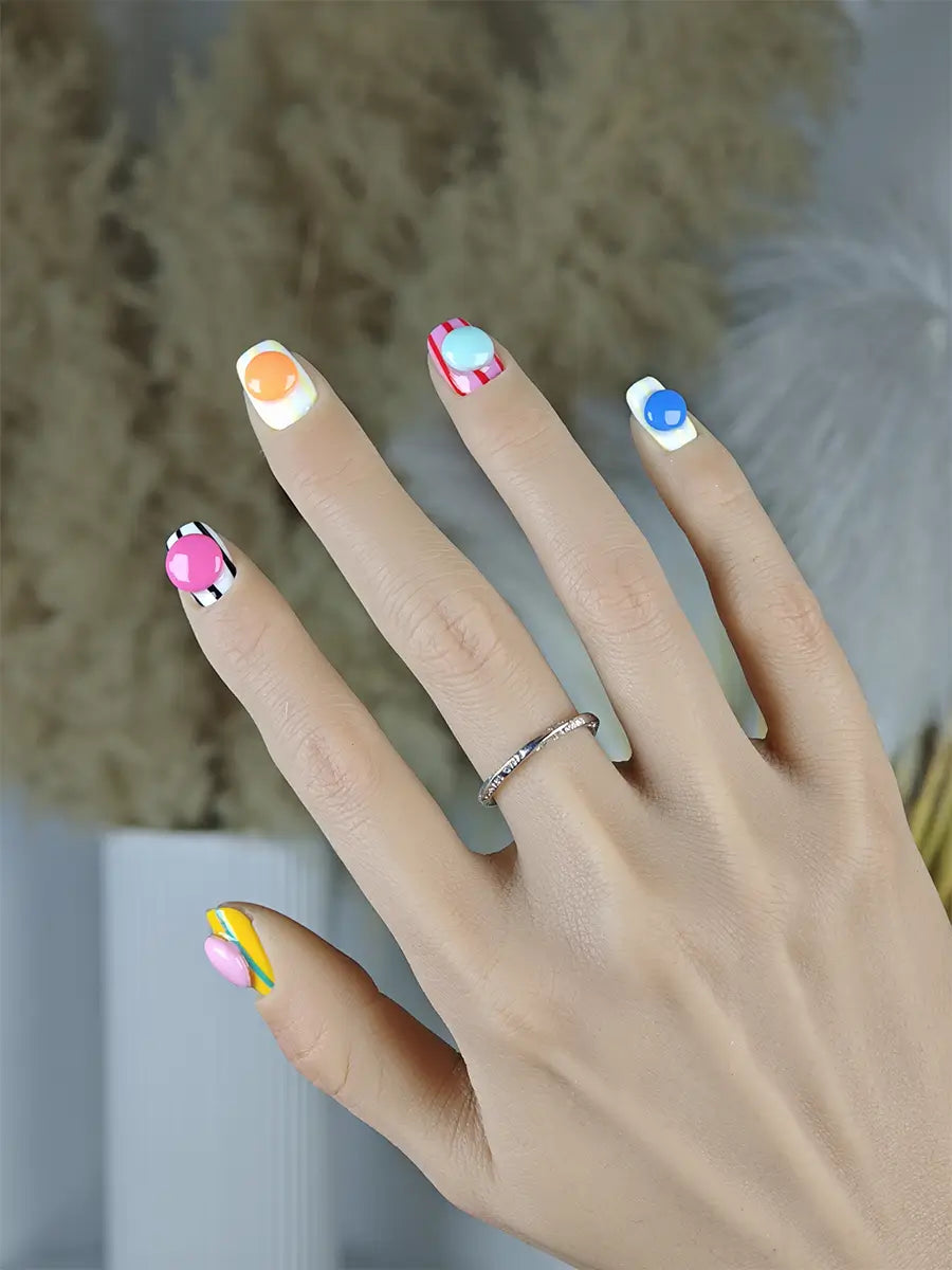 Macaron Color-Block Striped Press-On Nails with 3D Beads