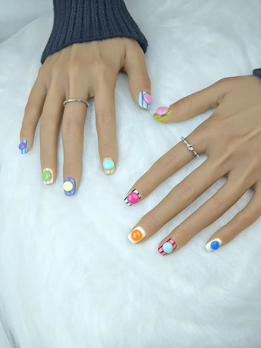 Macaron Color-Block Striped Press-On Nails with 3D Beads