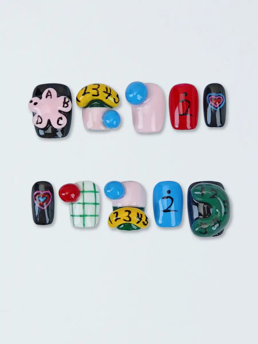 Color-Block Graffiti Press-On Nails with 3D Decorations