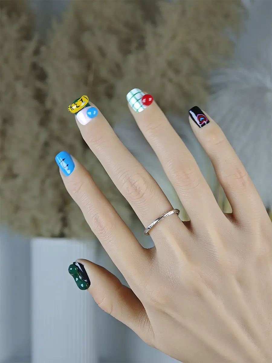 Color-Block Graffiti Press-On Nails with 3D Decorations