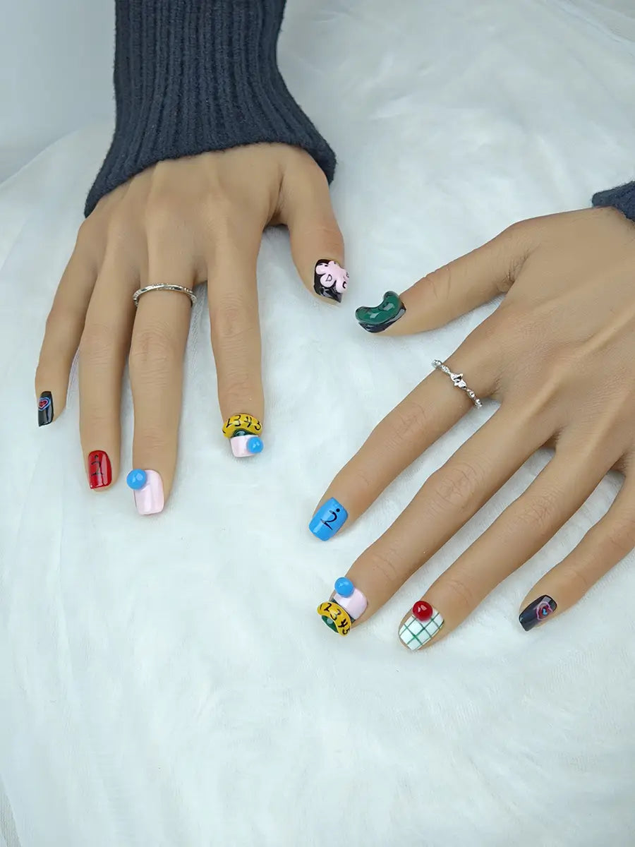 Color-Block Graffiti Press-On Nails with 3D Decorations