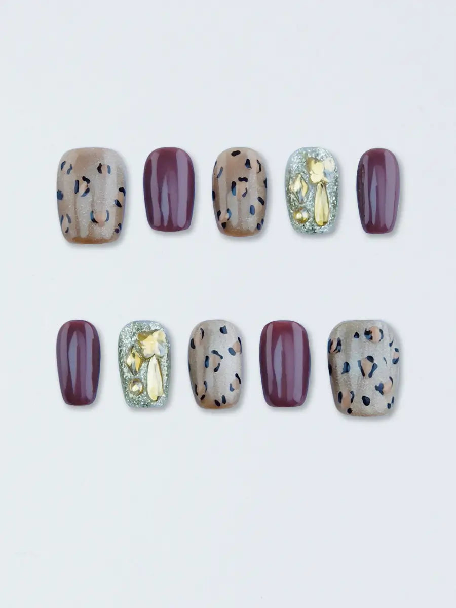 Brown Red Leopard Luxury Press-On Nails with Gold Rhinestone Accents