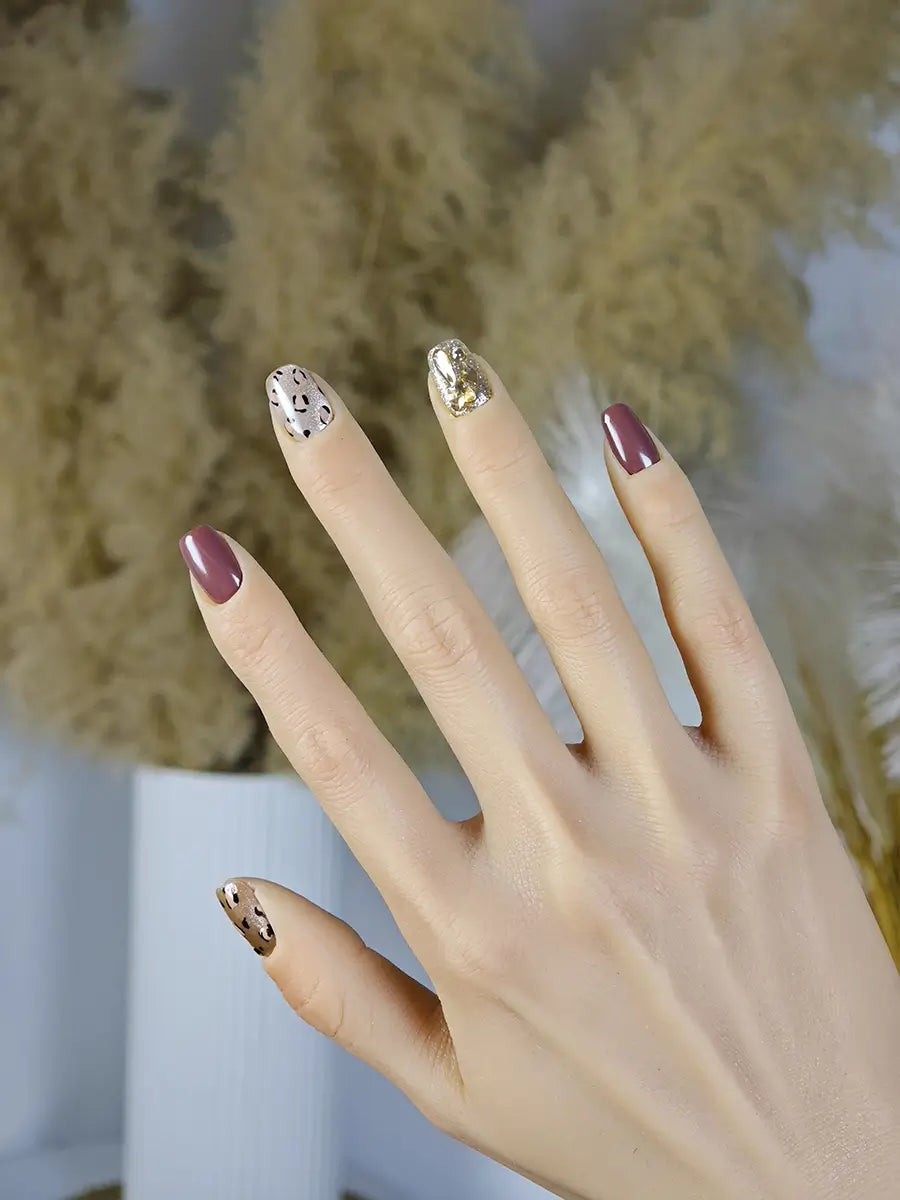 Brown Red Leopard Luxury Press-On Nails with Gold Rhinestone Accents