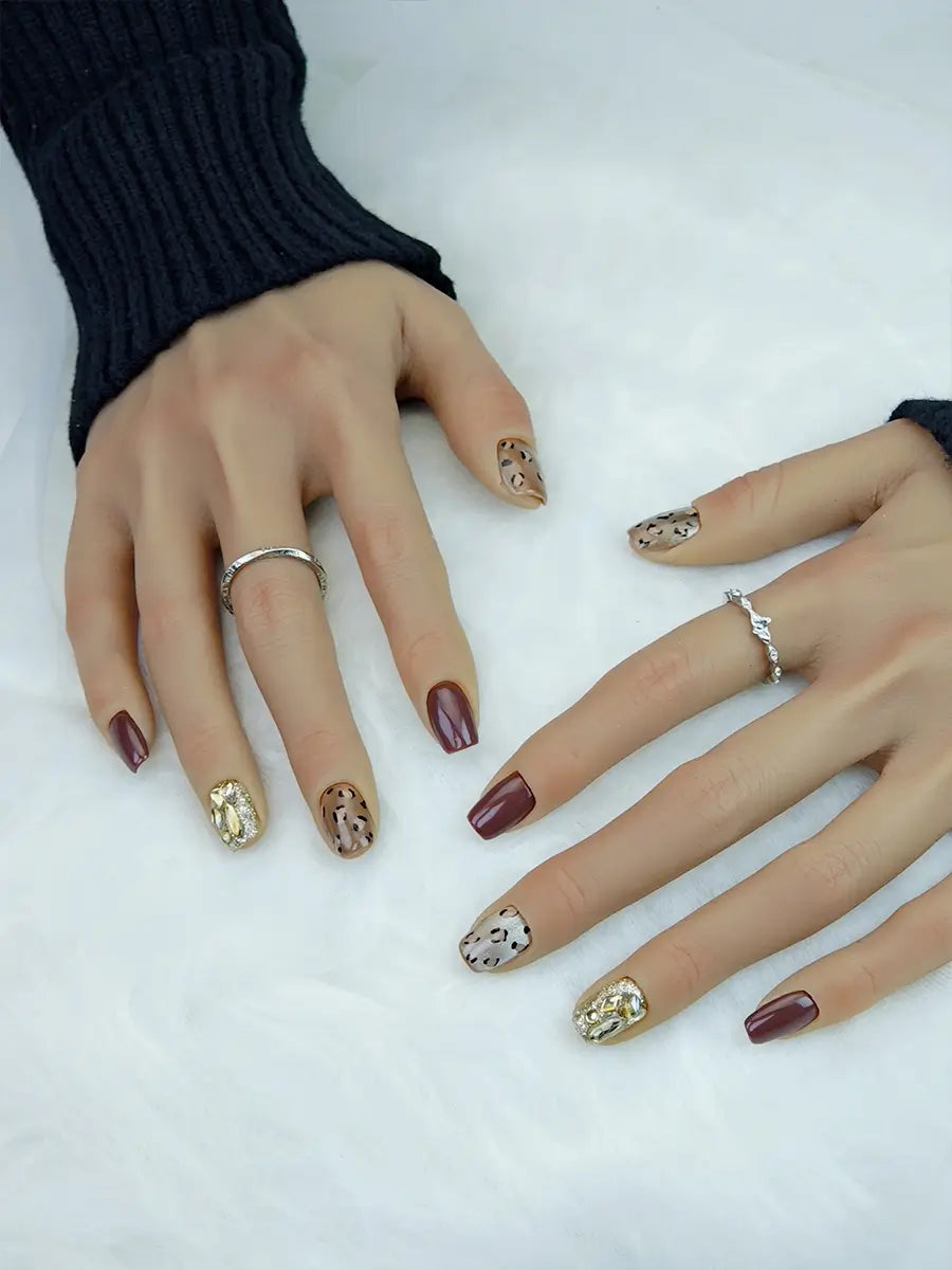 Brown Red Leopard Luxury Press-On Nails with Gold Rhinestone Accents
