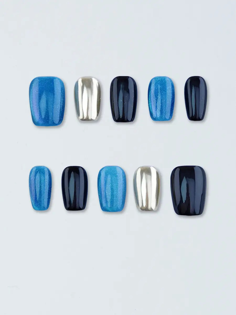 Blue Black Silver Contrast Press-On Nails with Metallic Glitter Finish