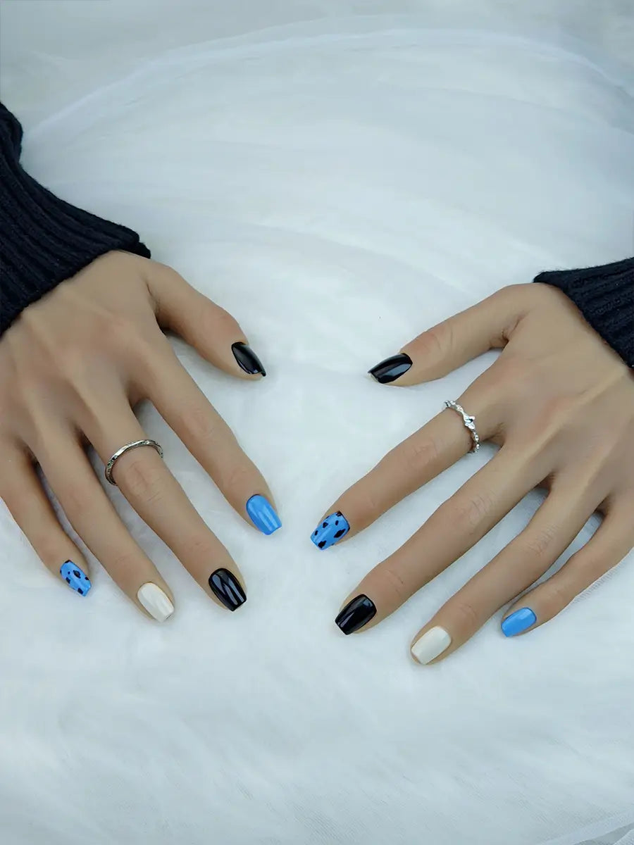 Blue & Black Color-Block Leopard Press-On Nails