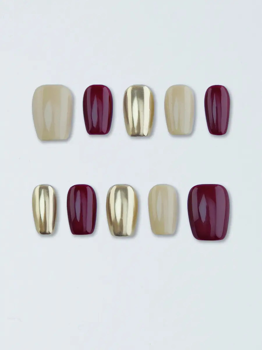 Gold Red Ivory Color-Block Luxury Trapezoid Press-On Nails