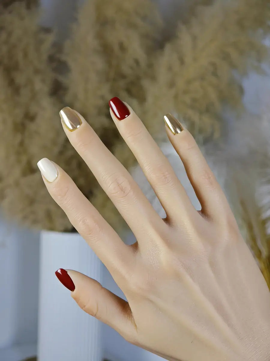 Gold Red Ivory Color-Block Luxury Trapezoid Press-On Nails