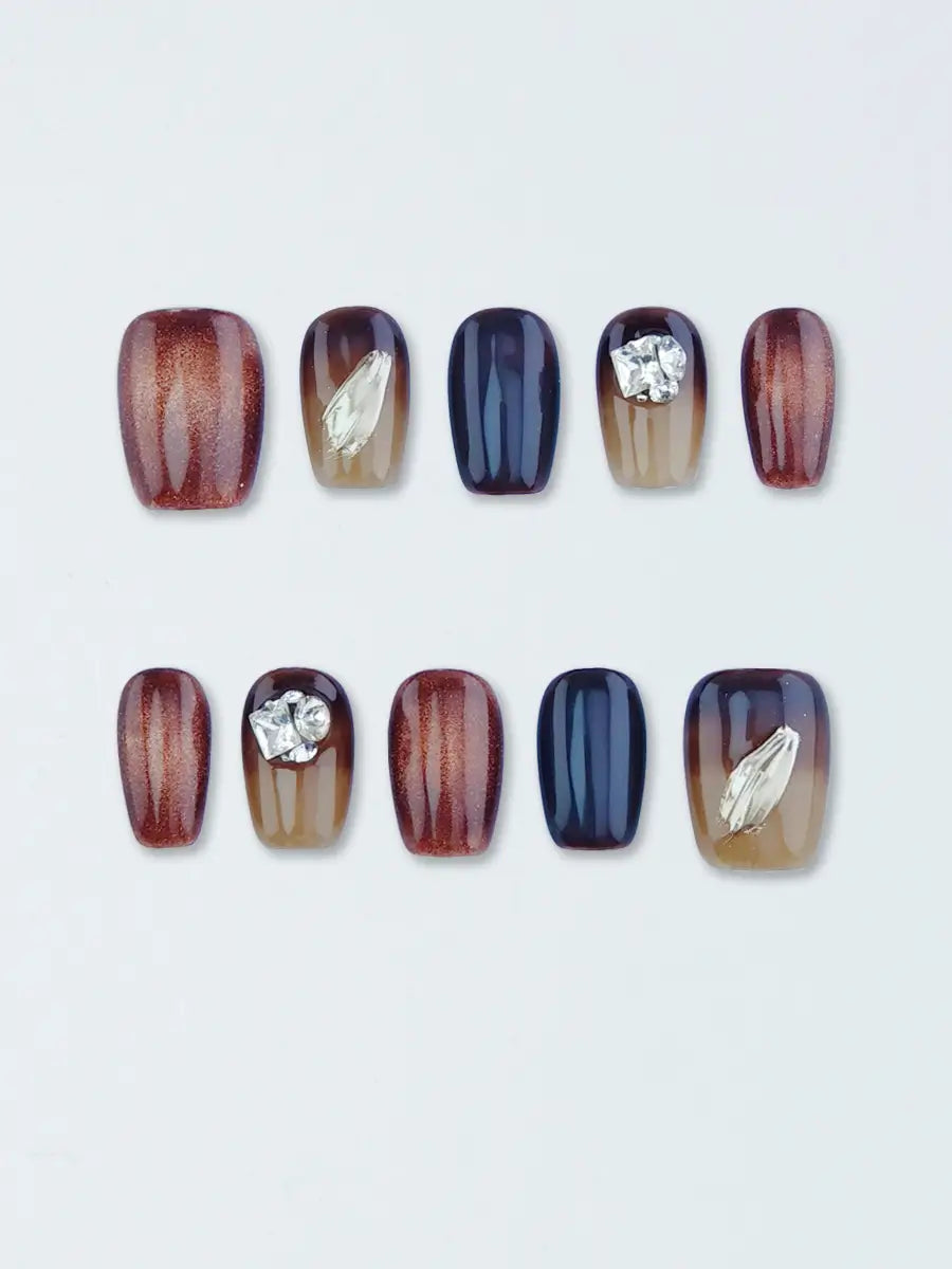 Brown Black Gradient Luxury Trapezoid Press-On Nails with Metal Foils